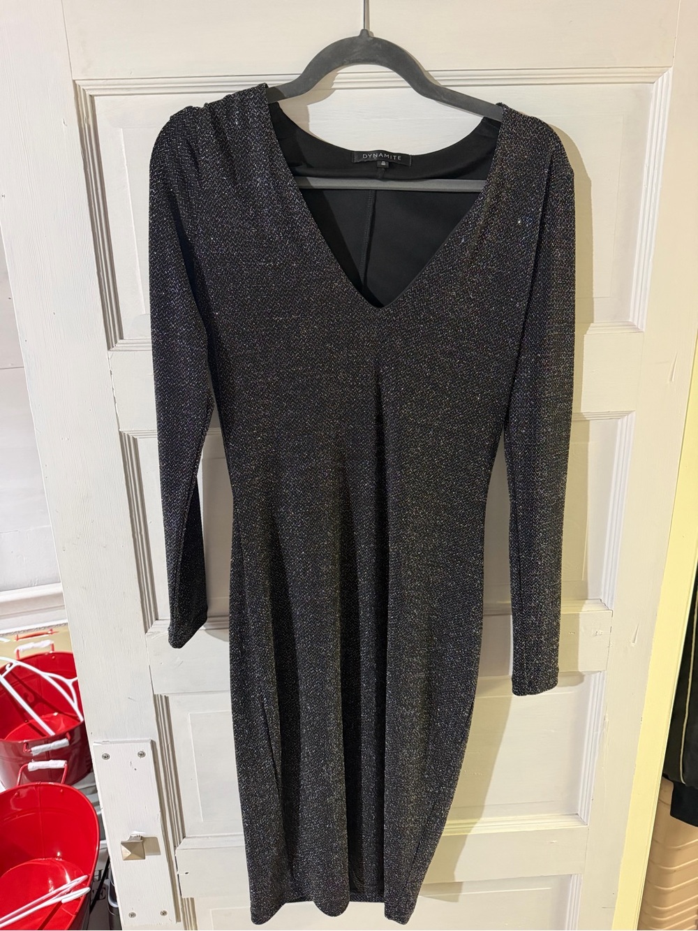 Dynamite Black Metallic V-Neck Long Sleeve Dress